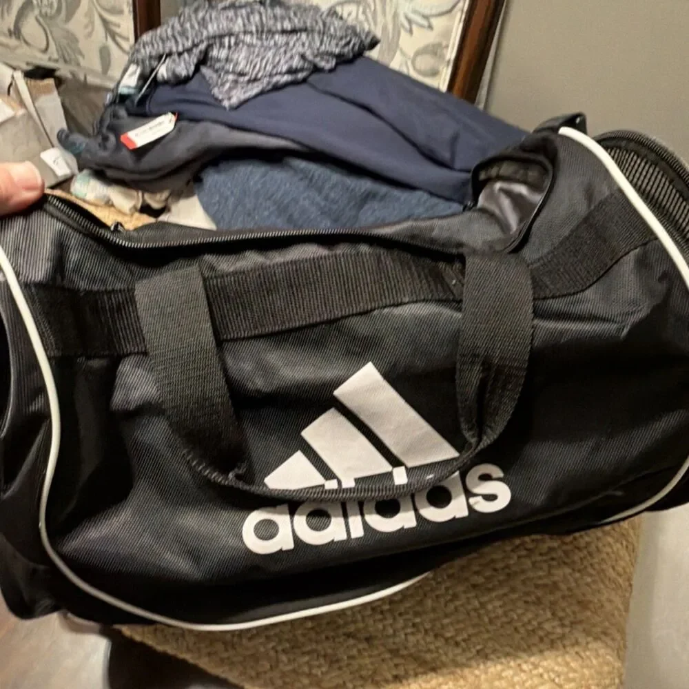 adidas Medium Black Polyester Duffle Gym Bag White Logo, Zip Closure, Strap